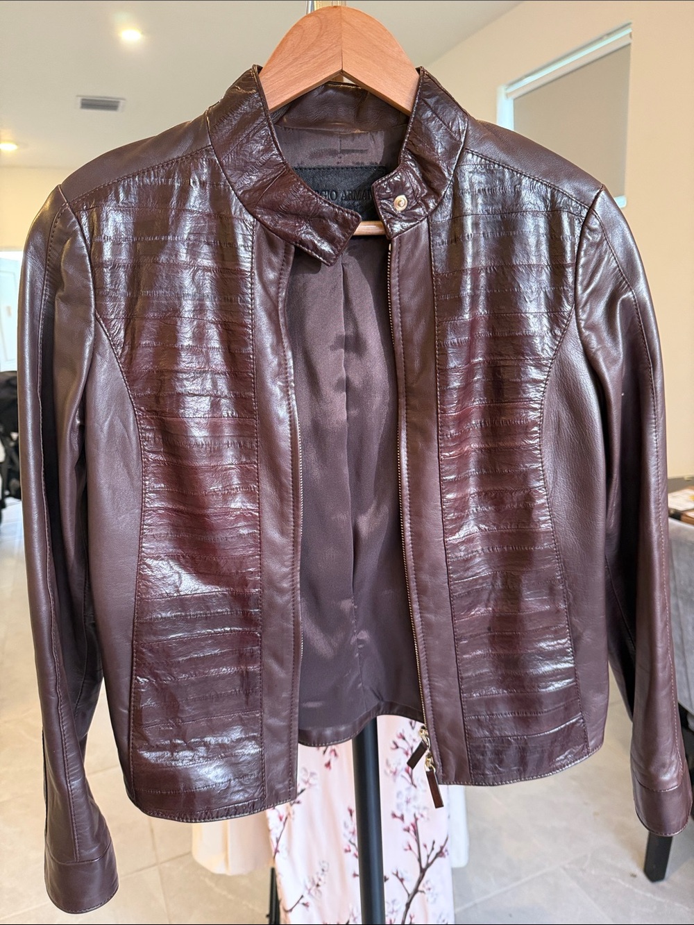 Giorgio Armani Dark Brown Leather Jacket with Textured Panels